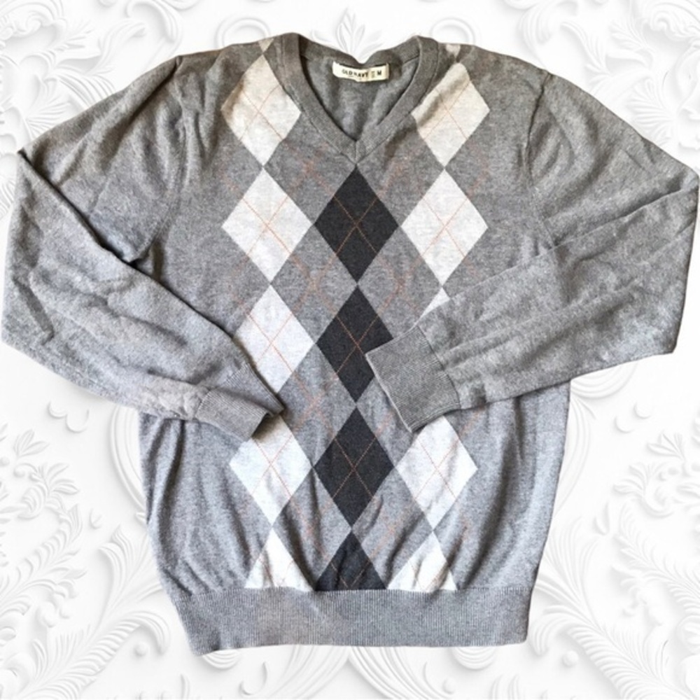 Argyle V-Neck Long Sleeve Sweater In Black/Grey Size Medium